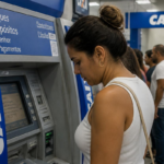 Mulher em um caixa eletrônico da CAIXA
