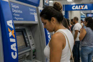 Mulher em um caixa eletrônico da CAIXA